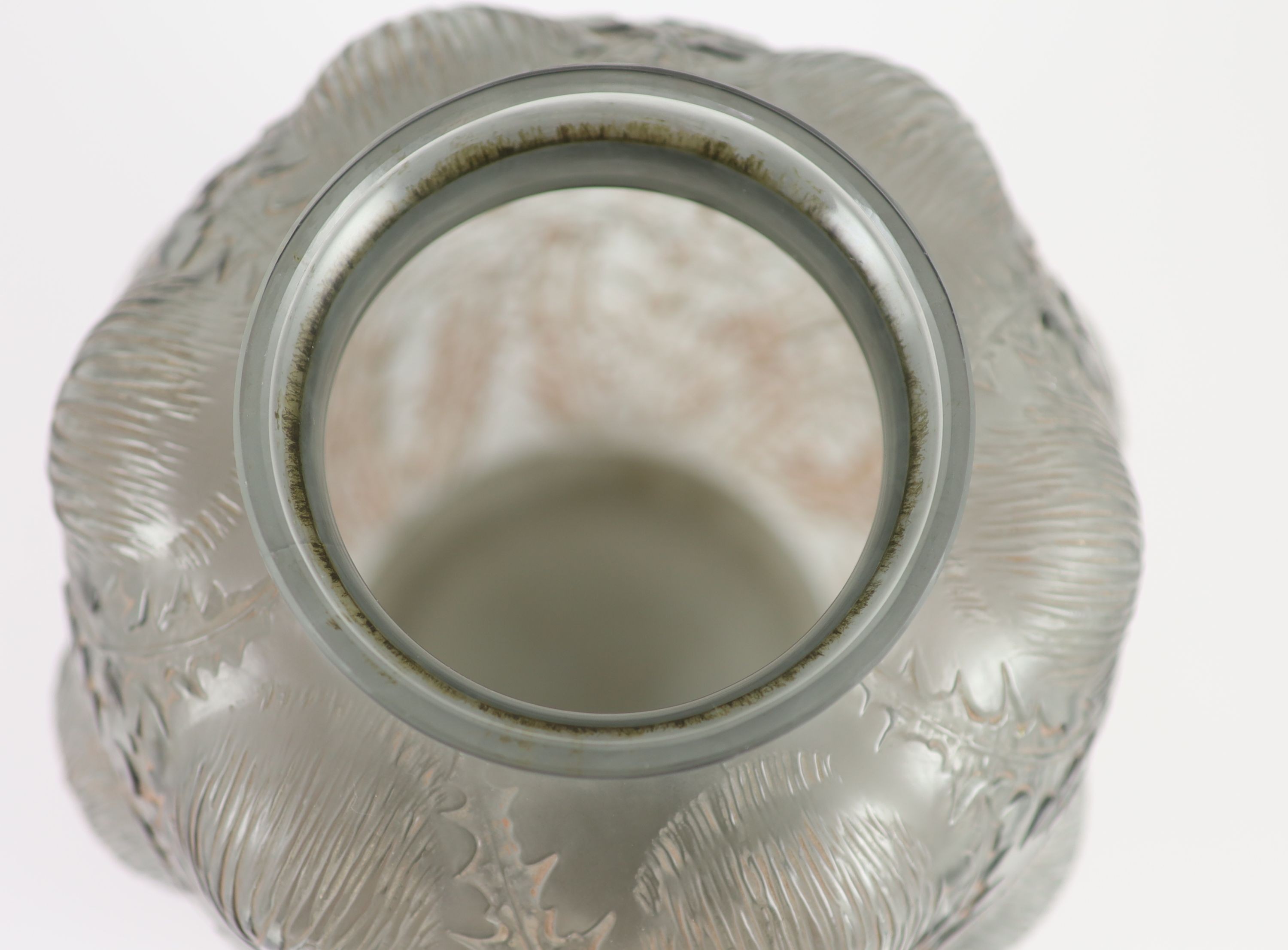 An R. Lalique 'Domremy' grey frosted glass vase, 21.5cm